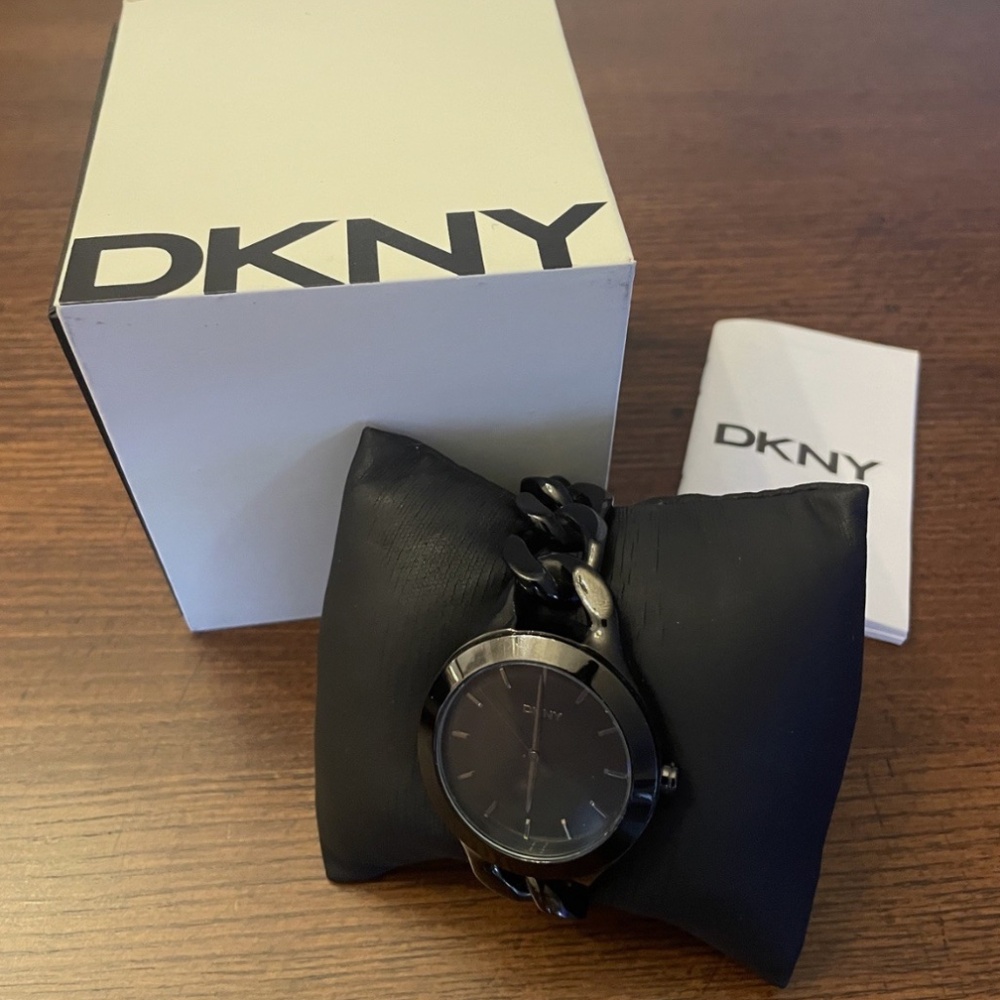 DKNY watch women, black braided metal bracelet, gently used, needs battery